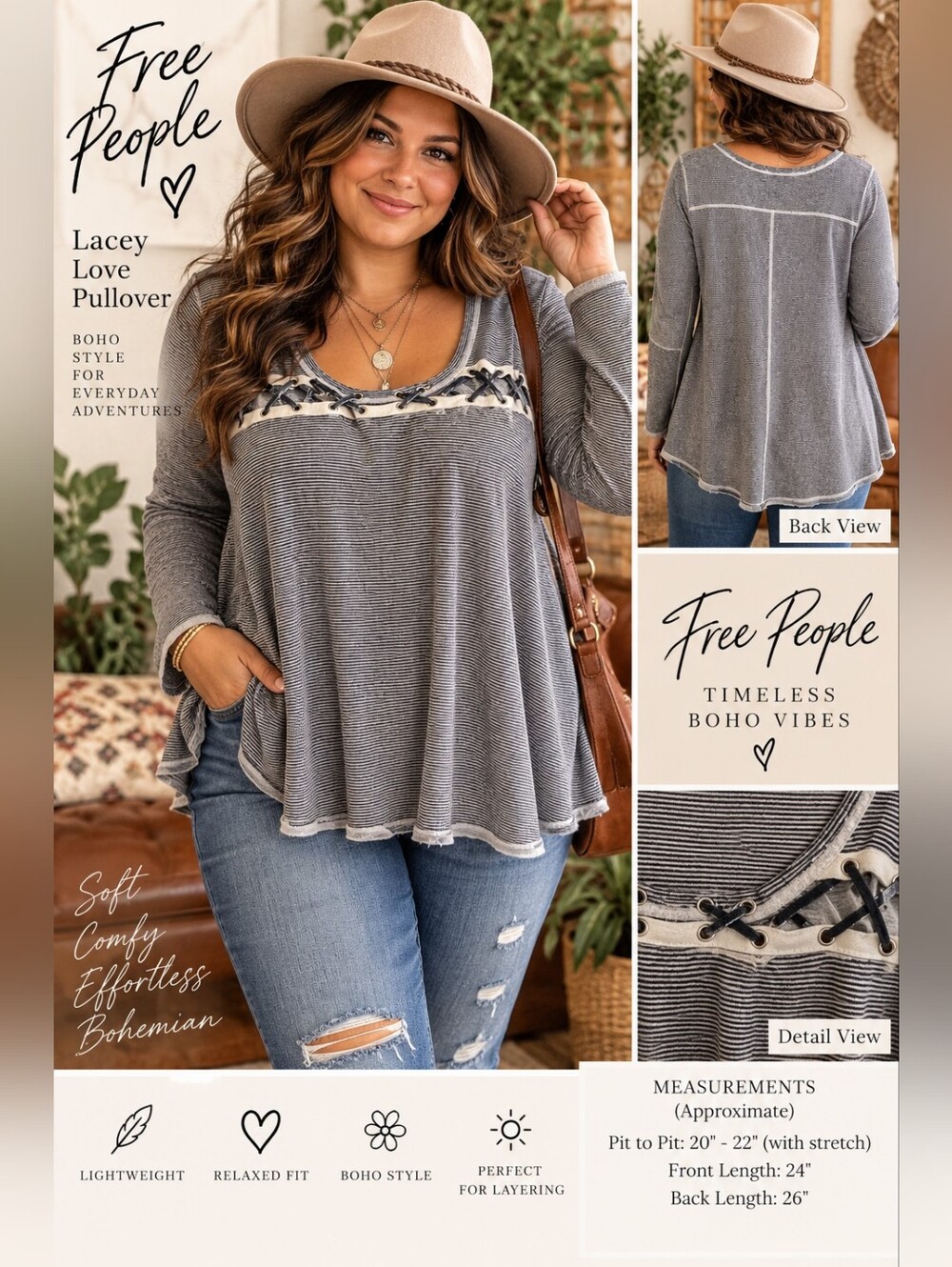 Free People Lacey Love Striped Lace Up Swing Pullover Top Boho Long Sleeve